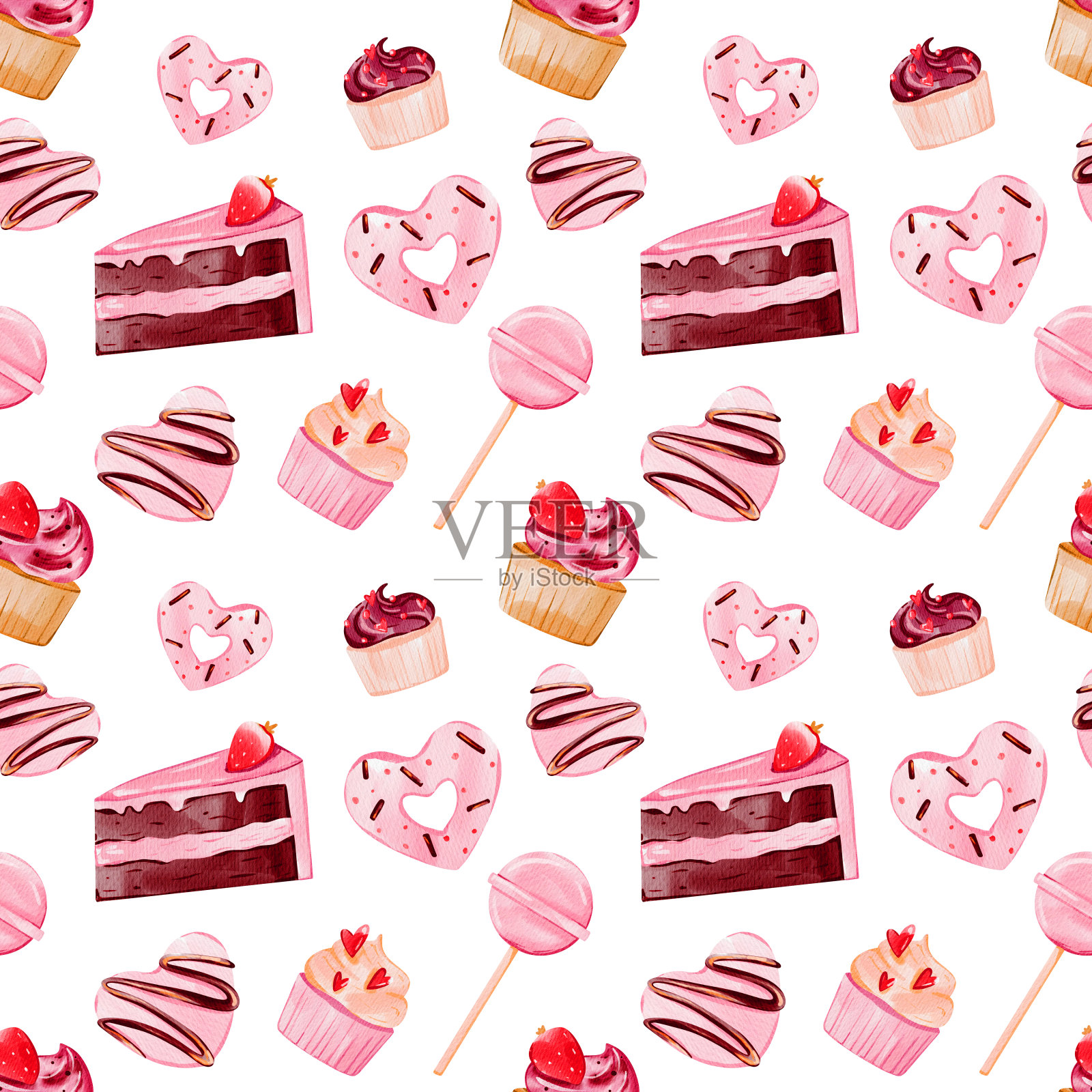 可爱的图案心形饼干,纸杯蛋糕,棒棒糖情人节,女孩聚会,生日。美味的糖果,数字水彩插图插画图片素材