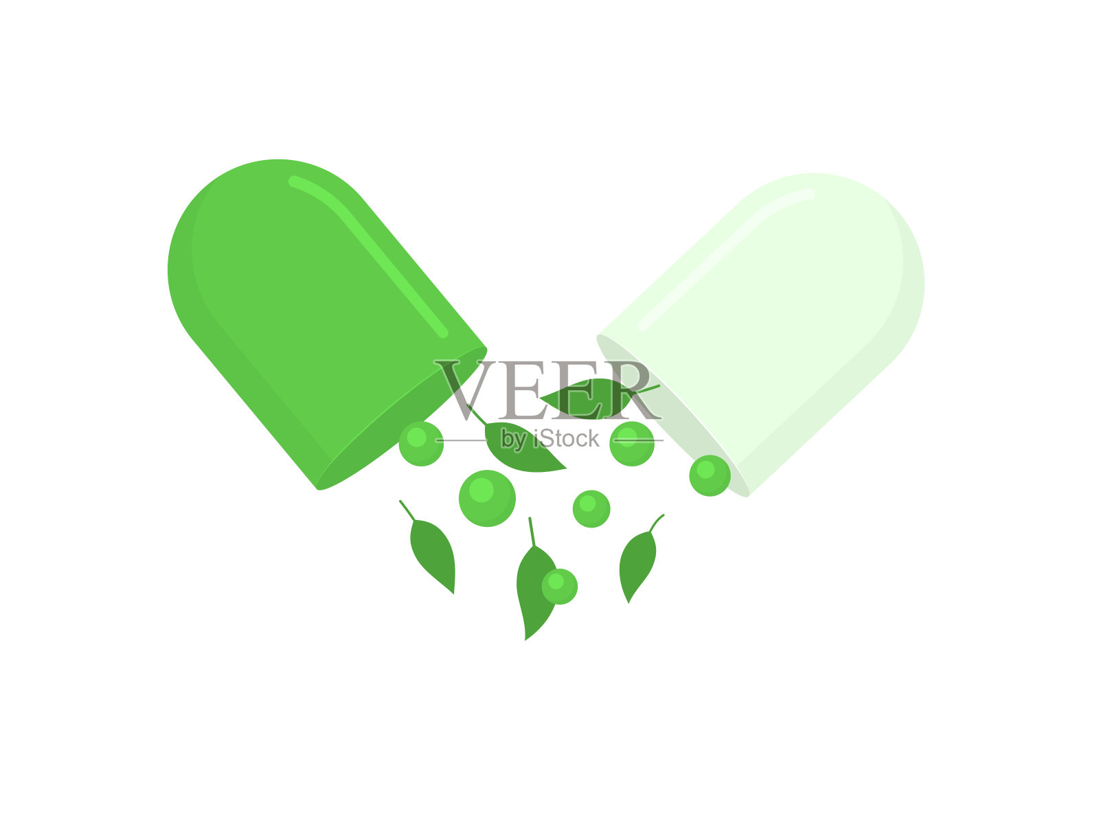 打开草药绿色胶囊矢量插图。自然疗法概念。插画图片素材