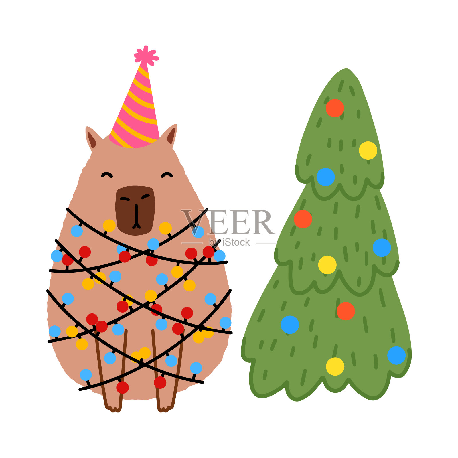 扁平风格的可爱圣诞树水豚:圣诞节和新年贺卡矢量插画插画图片素材