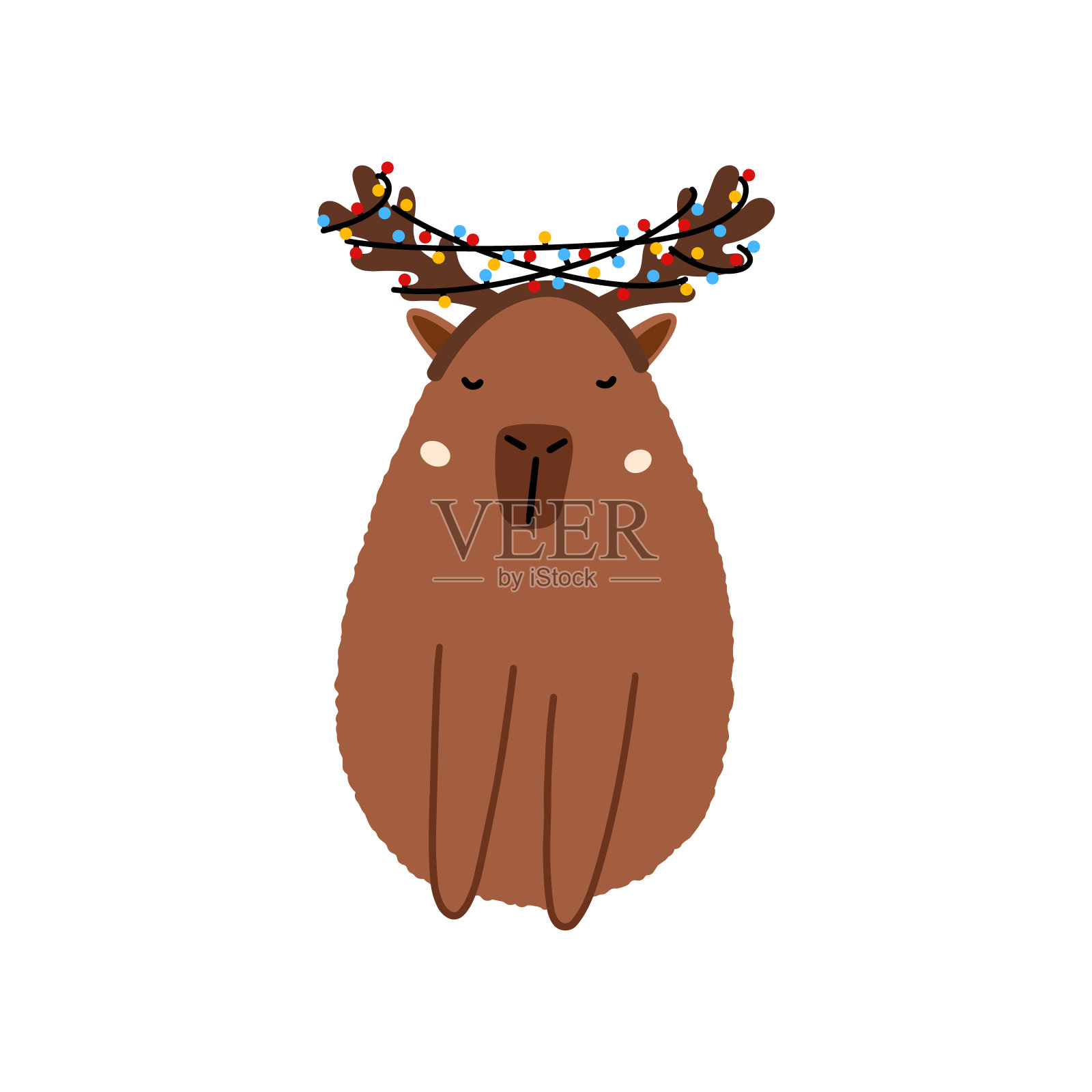 扁平风格的可爱水豚圣诞驯鹿。用于圣诞和新年贺卡的水豚矢量图插画图片素材