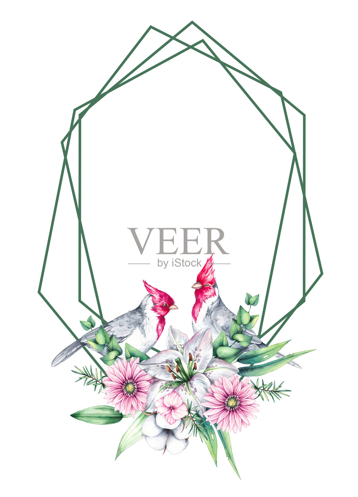 水彩花环与百合花,非洲菊,桉树插画图片素材