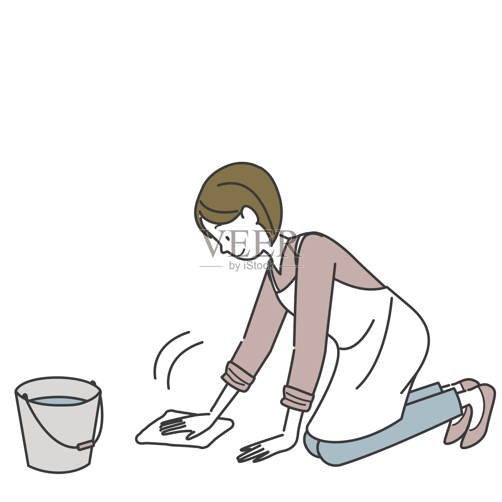 清洁地板的年轻女子插画图片素材