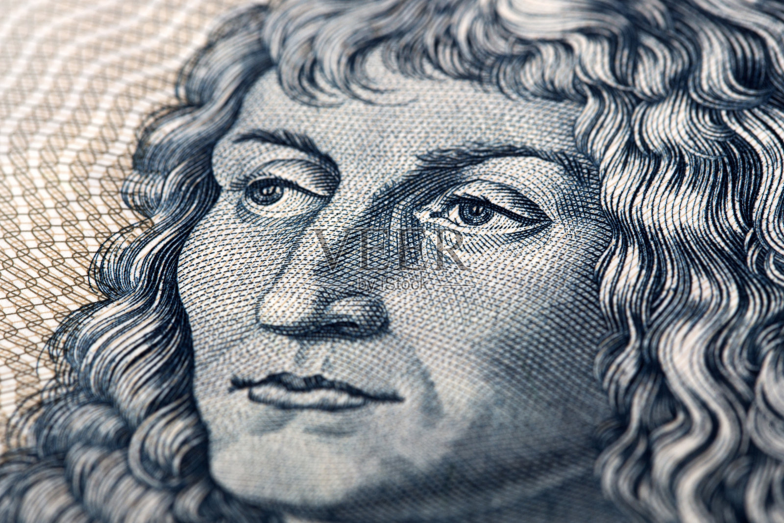 无胡子的年轻人,一个特写肖像从旧德国钱照片摄影图片