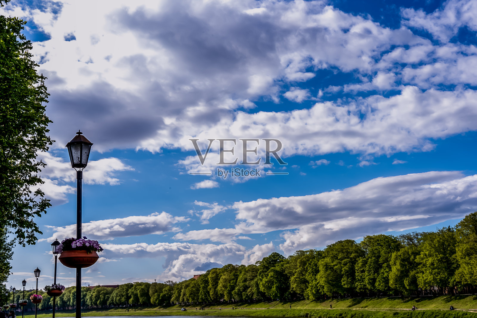 蓝色的天空背景与云在城市的树木照片摄影图片