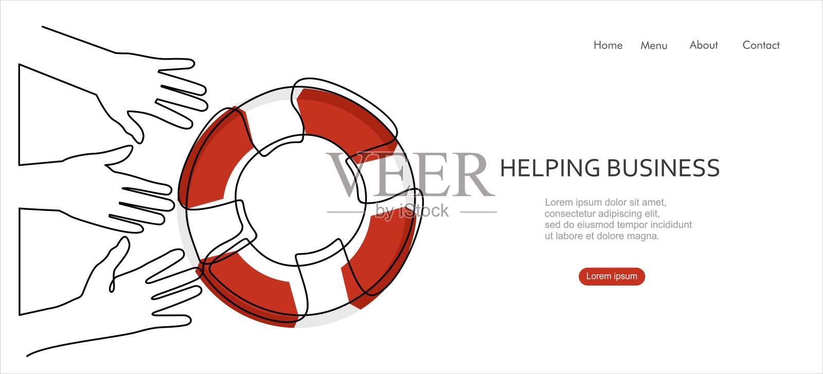 溺水商人领取救生圈的连续一行图。企业帮助、支持、生存、投资的理念。插画图片素材