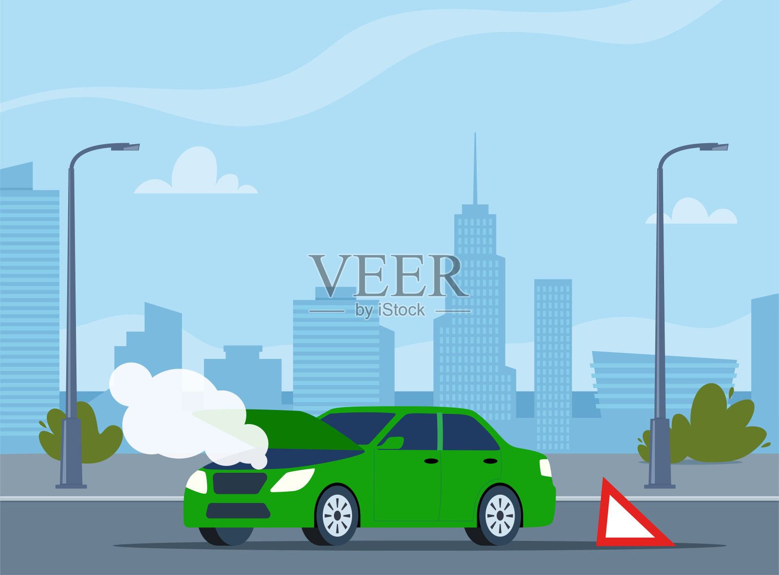 汽车在路上抛锚冒烟,引擎盖打开,后面有警告标志。城市背景。矢量插图。插画图片素材