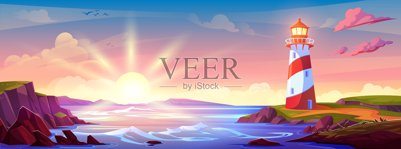 岛屿海岸和日落时的灯塔插画图片素材