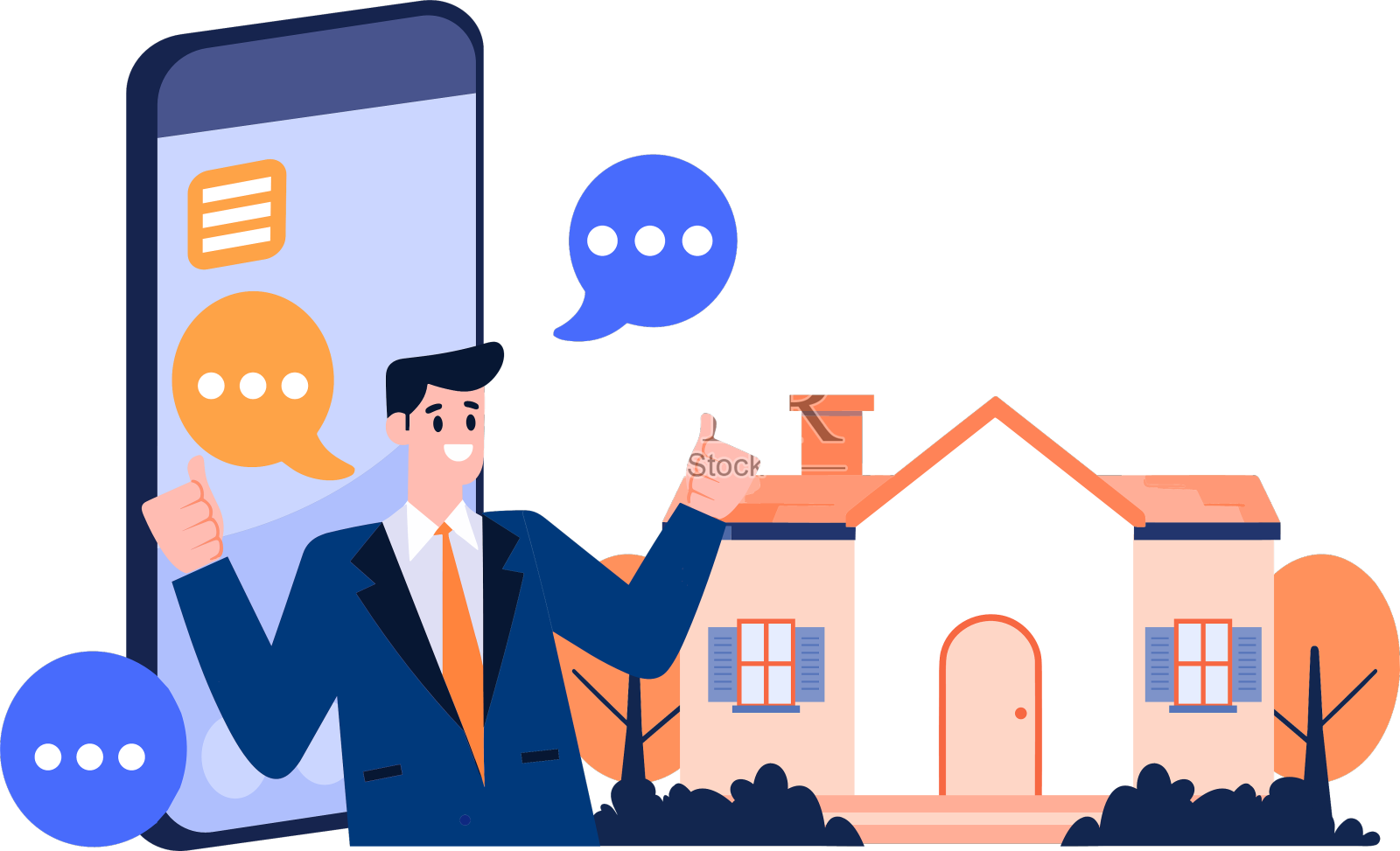 手绘房屋经纪人角色与智能手机设计元素图片