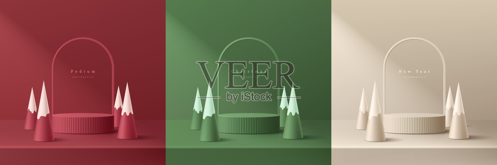 一套3D圣诞讲台背景在红色,奶油色,绿色与拱门框架和圣诞树锥形。样机产品展示。圣诞快乐,新年快乐。抽象构图设计插画图片素材