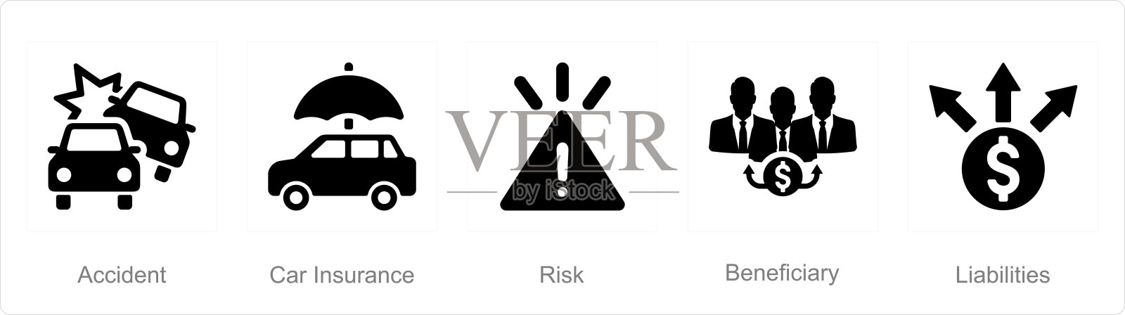 一套5个保险图标作为意外事故,汽车保险,风险插画图片素材