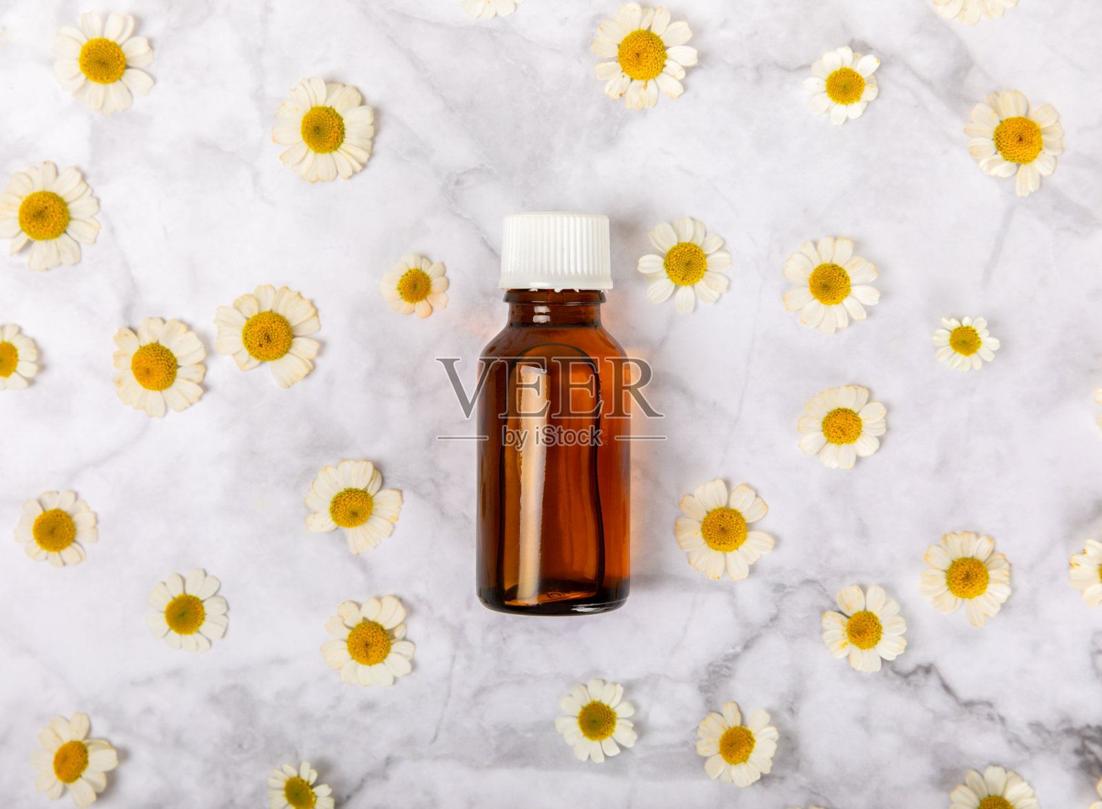 玻璃瓶子与洋甘菊精油木制背景。洋甘菊,近一点。芳香疗法,水疗和草药成分。美丽的概念。副本的空间。天然的化妆品照片摄影图片