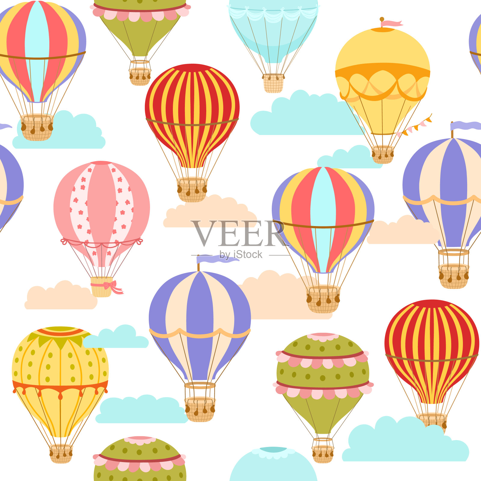 无缝明亮的图案与热气球和云在白色。矢量彩色无尽背景插画图片素材