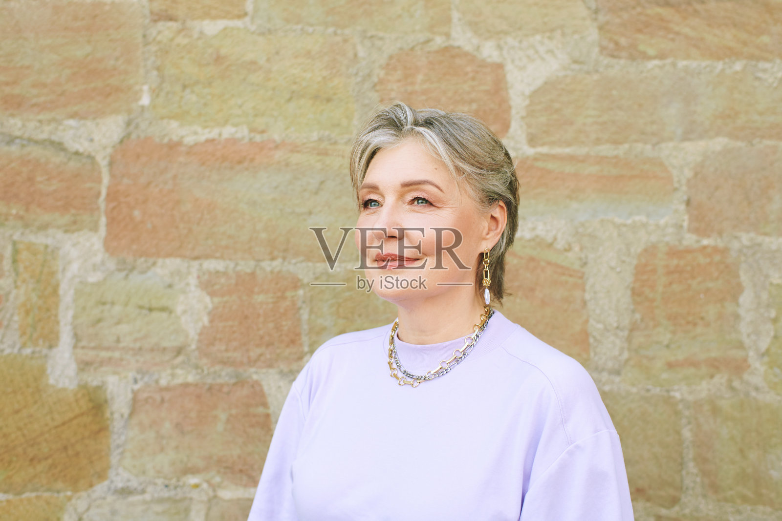 户外肖像相当成熟的50 - 55岁妇女与白发照片摄影图片