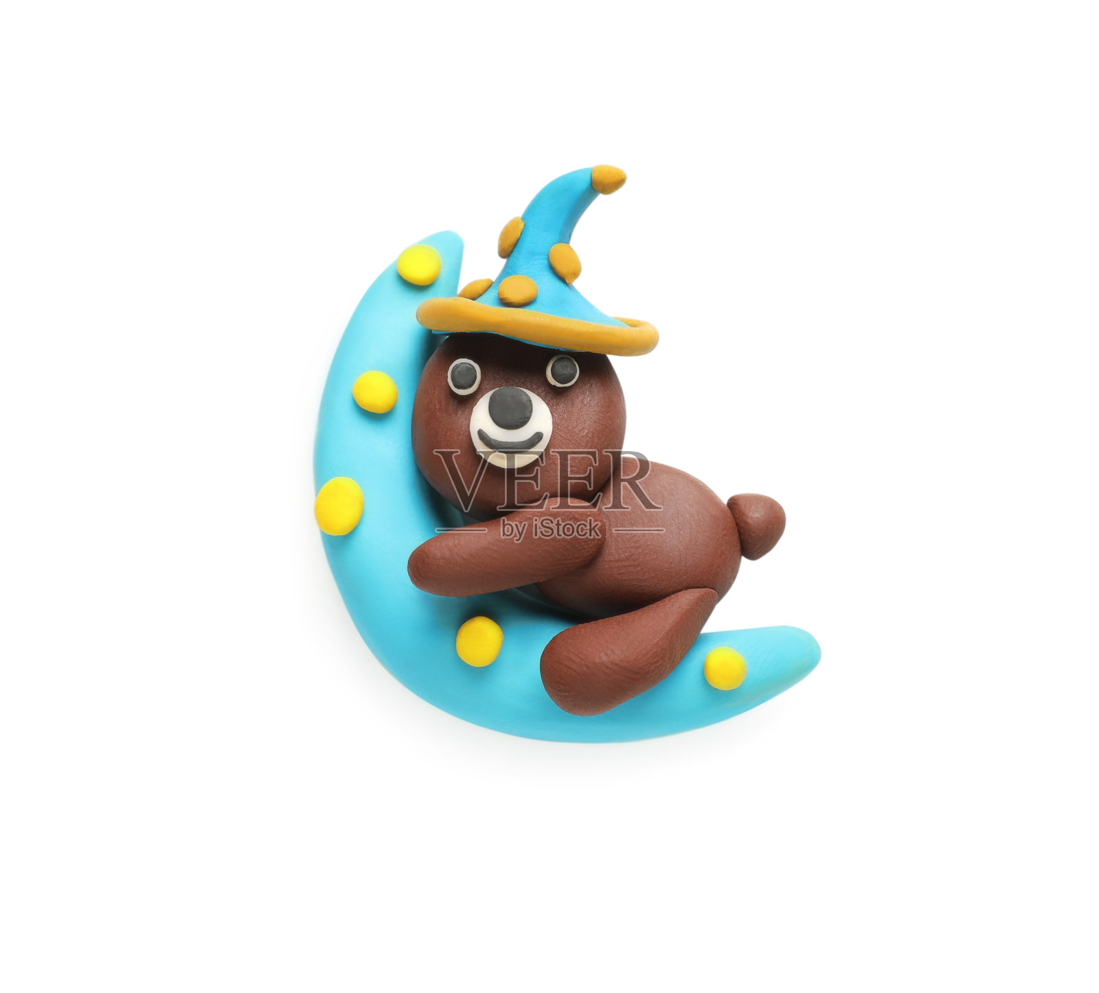 美丽的熊和月亮由橡皮泥制成隔离在白色,俯视图照片摄影图片