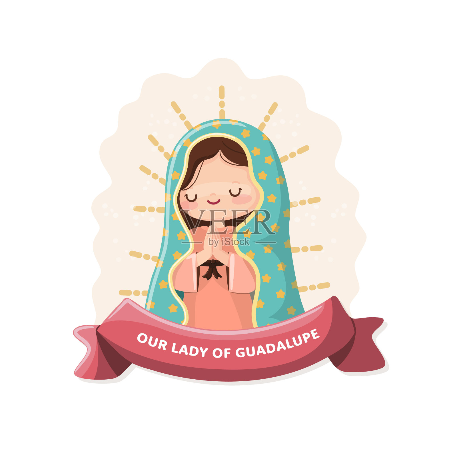 带丝带的瓜达卢佩圣母。卡哇伊风格矢量插图插画图片素材