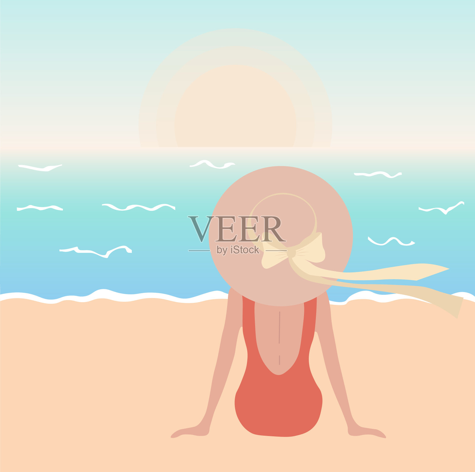 穿着红色泳装的浪漫女孩插画图片素材