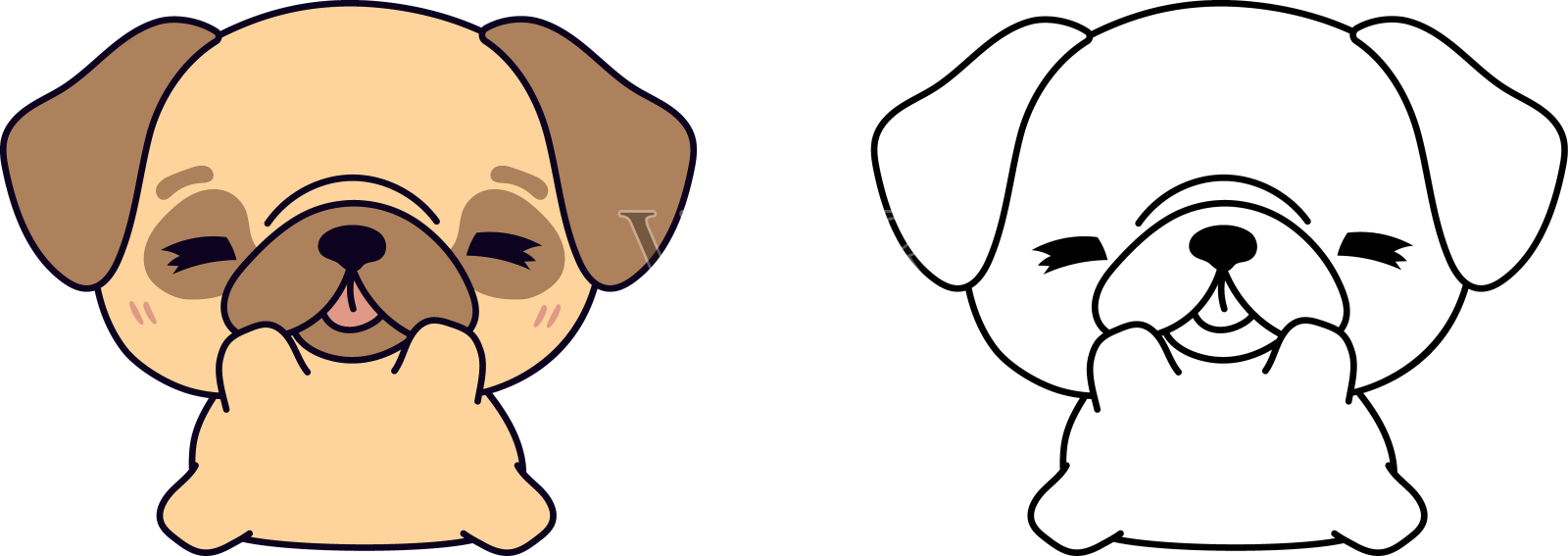 卡哇伊哈巴狗小狗着色页和设计元素图片