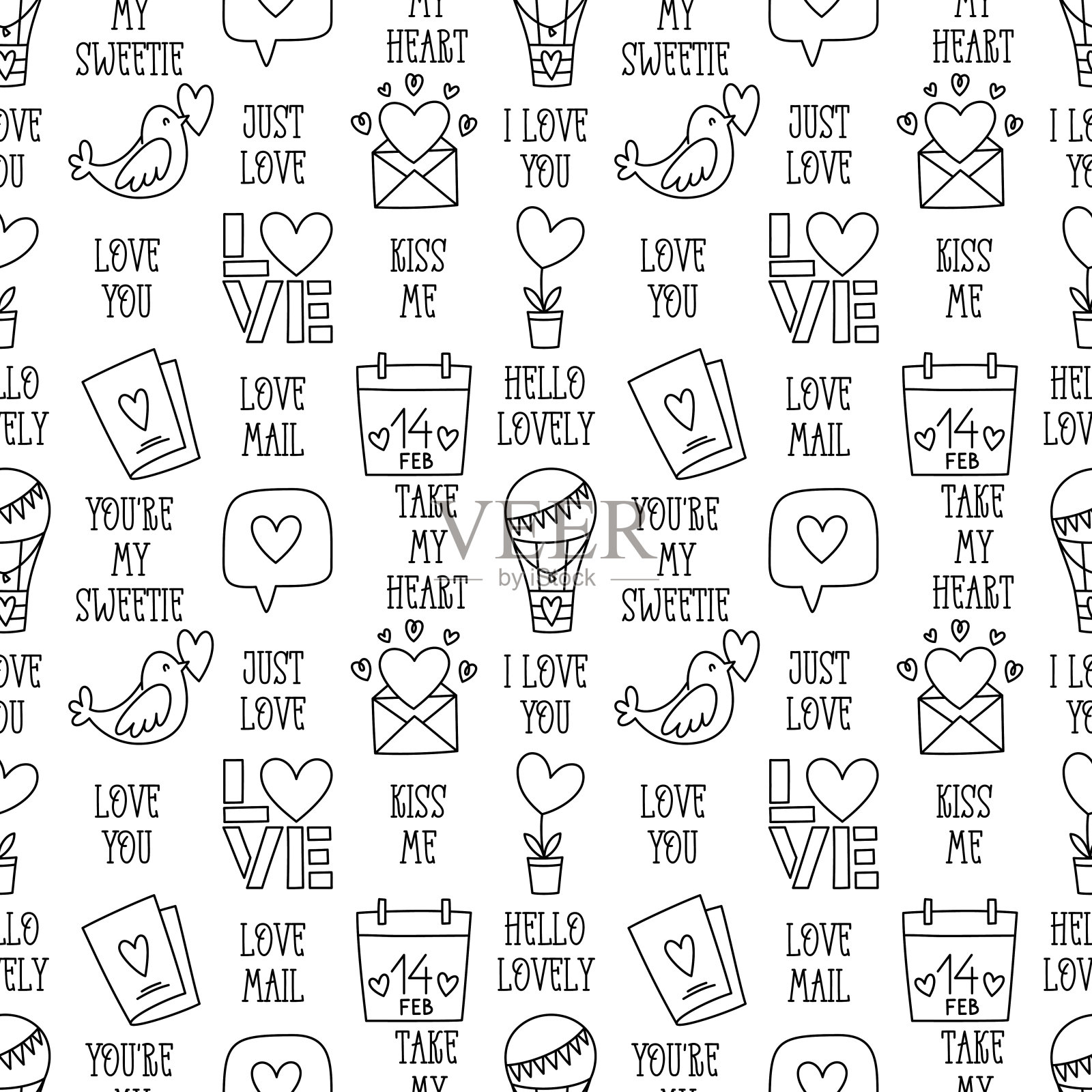 情人节涂鸦风格黑白无缝图案插画图片素材