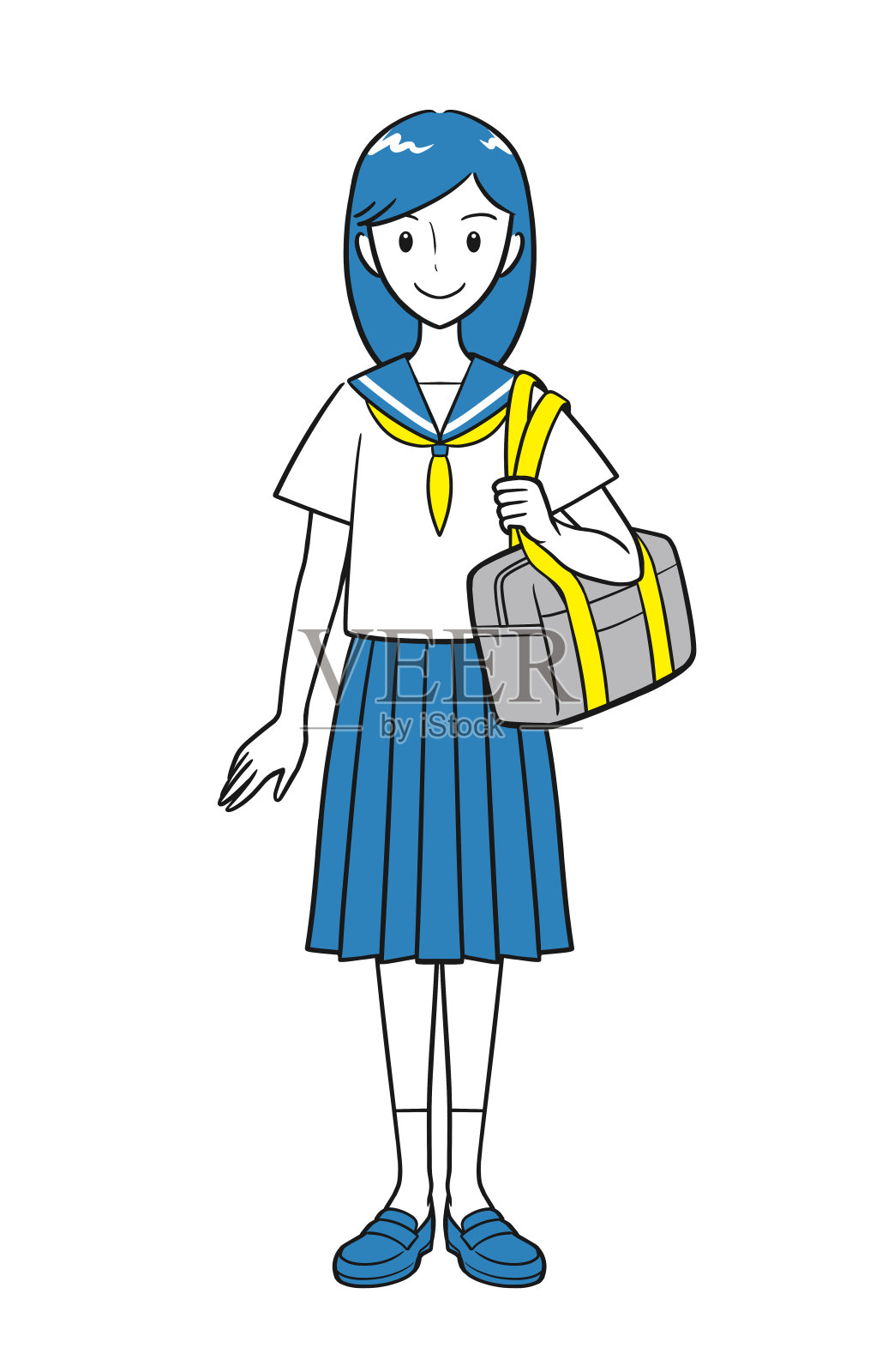 女学生穿着暑期校服,拿着书包(简单)插画图片素材