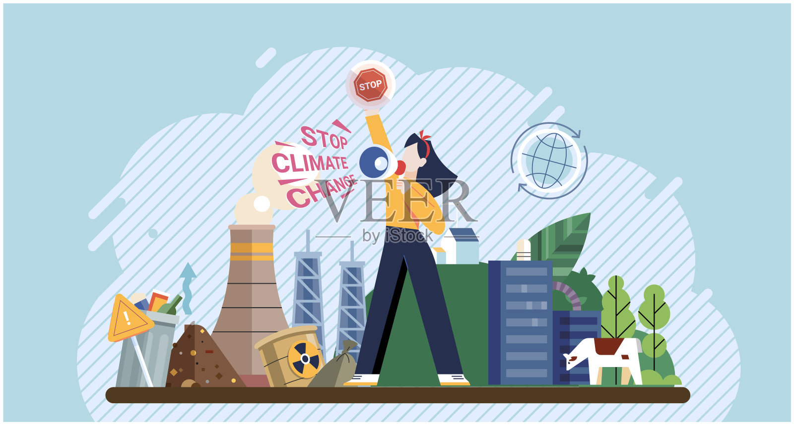 生态、环保活动家志愿者举着横幅。拯救地球示范插画图片素材