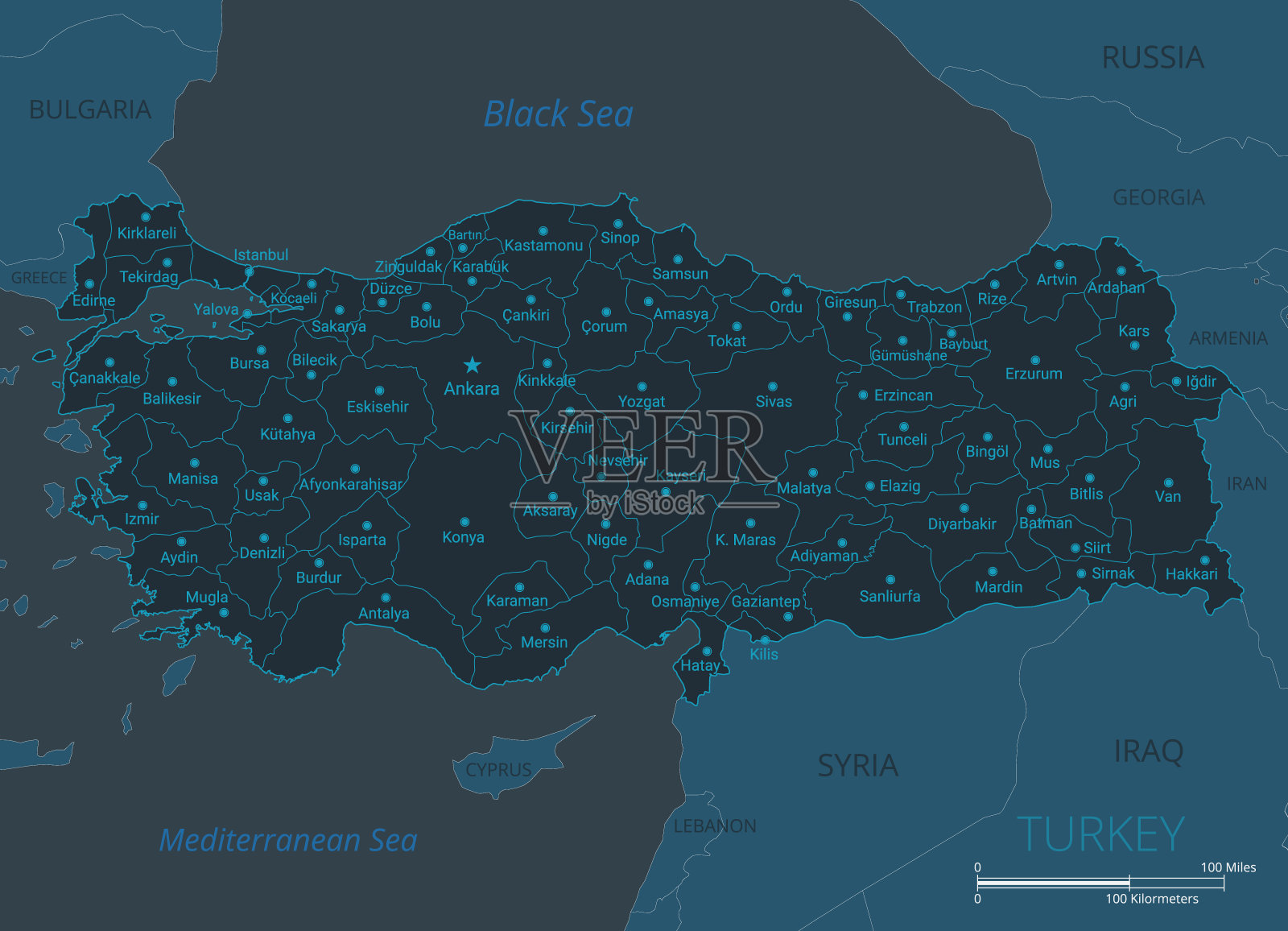 土耳其地图。高详细矢量地图<s:1> rkiye与国家,首都城市的名称,边界,水的对象插画图片素材