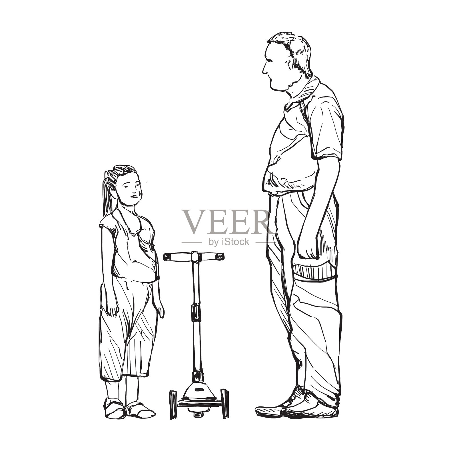 爷爷和孙子玩滑板车插画图片素材