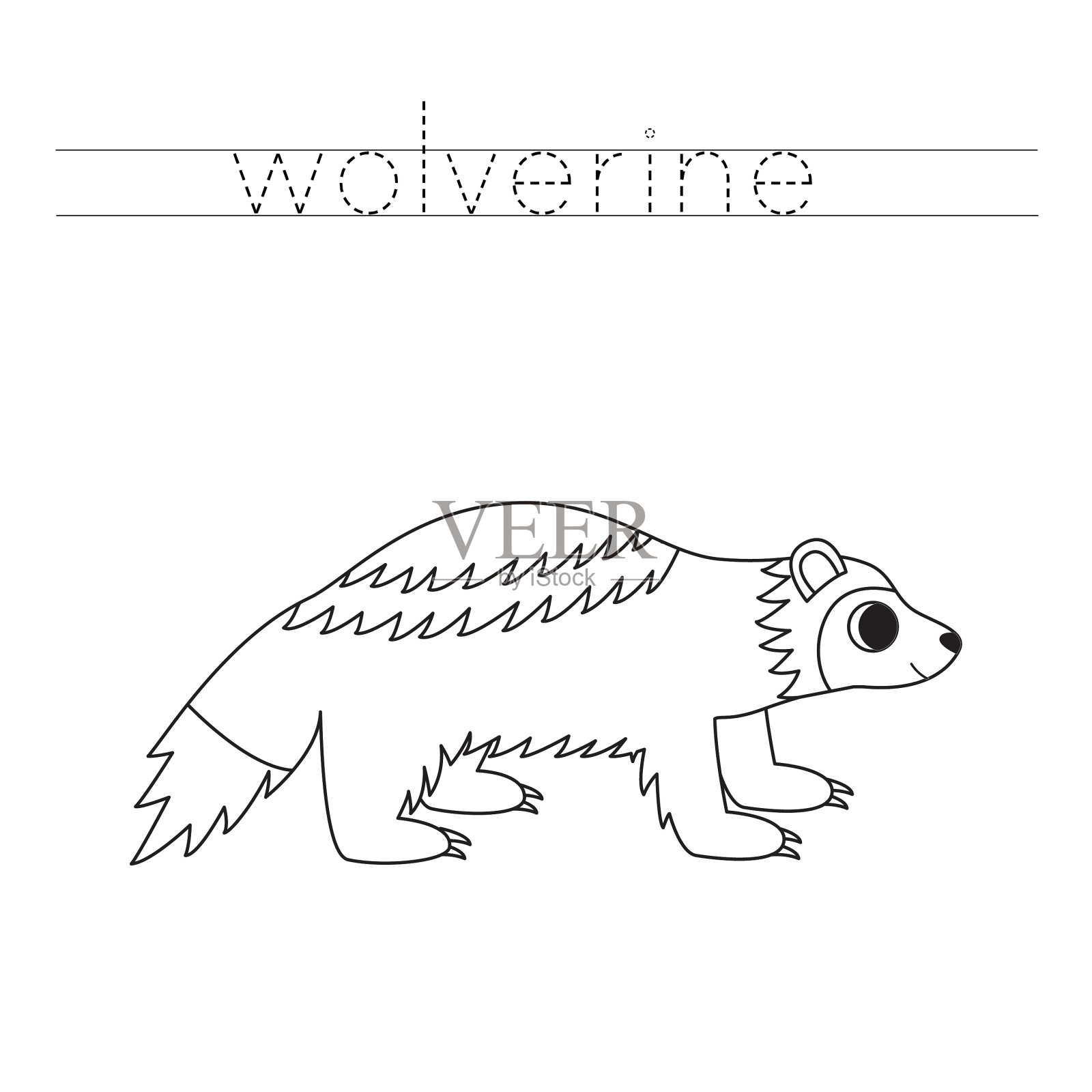 画出字母并给卡通狼獾上色。孩子们的书写练习。插画图片素材