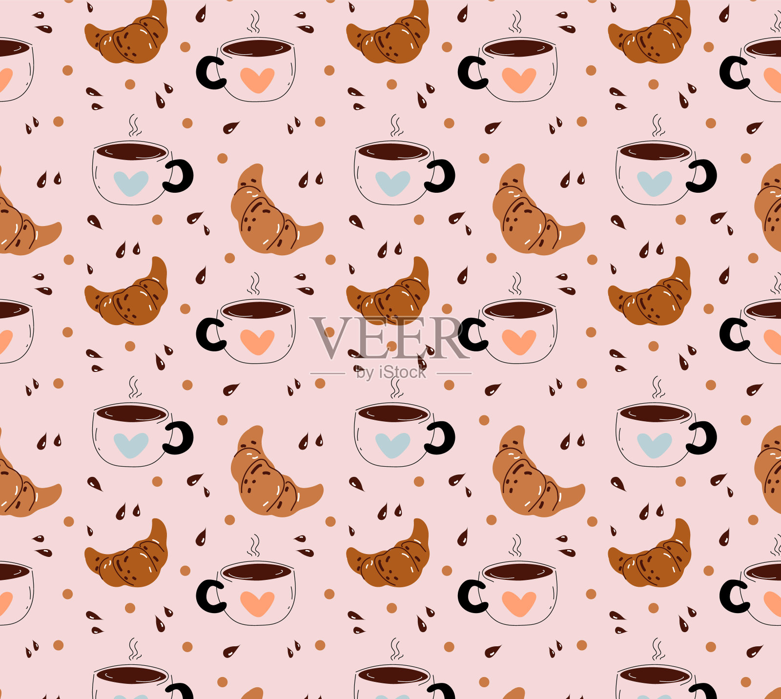 无缝图案早上咖啡茶素描手绘风格,纸杯蛋糕,羊角面包,面包。插画图片素材