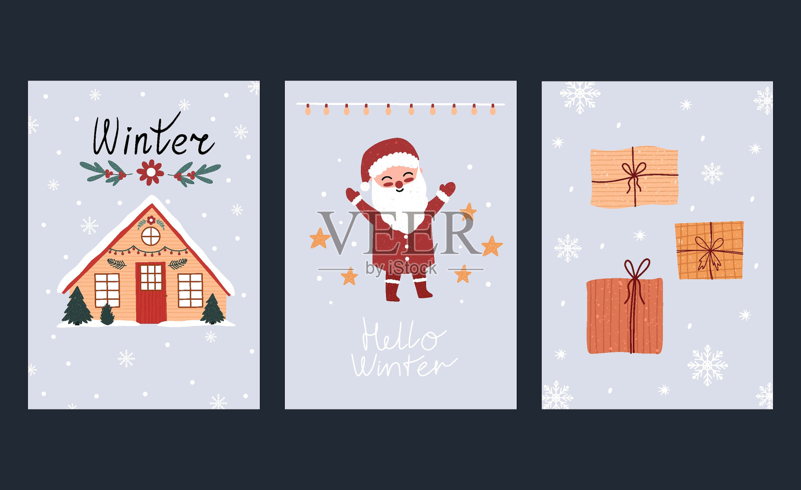 手绘冬季节日贺卡。圣诞快乐卡片与刻字,圣诞老人,房子,礼物。新年快乐。带报价的邀请卡。一组孤立的矢量图标插画图片素材