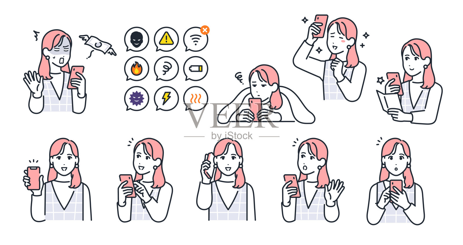 简单的矢量插图集的智能手机和年轻女子的材料插画图片素材