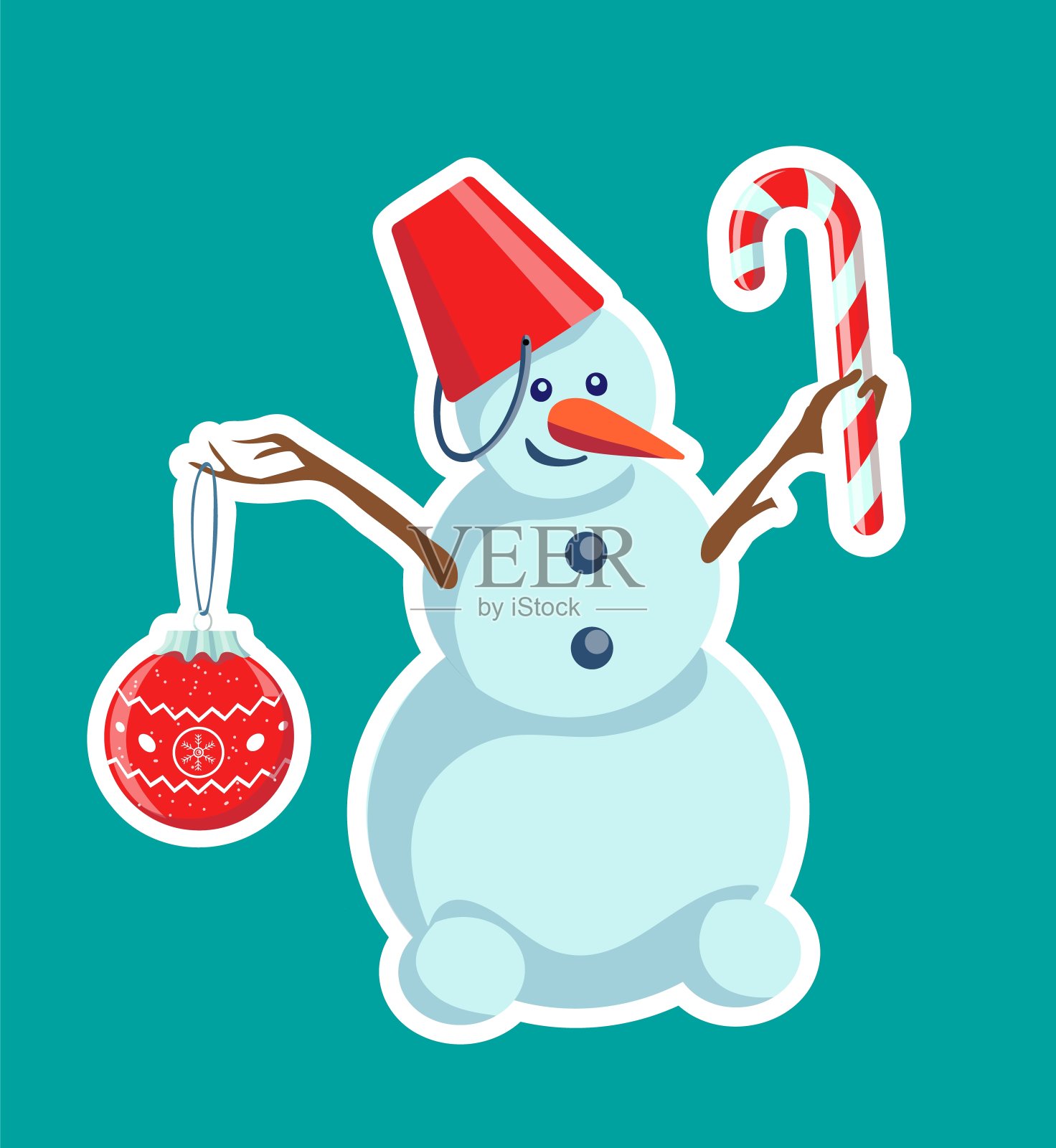 拿着圣诞饰品和拐杖糖的快乐雪人插画图片素材