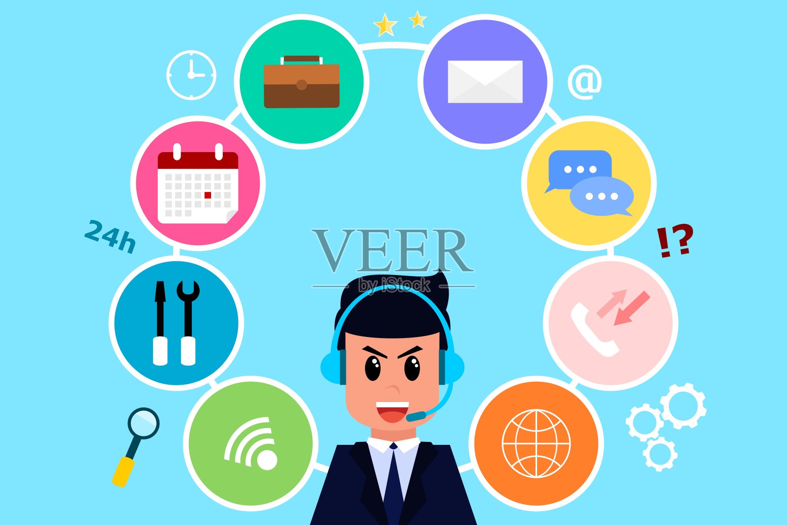 男性员工戴着耳机与客户沟通和服务。矢量图插画图片素材