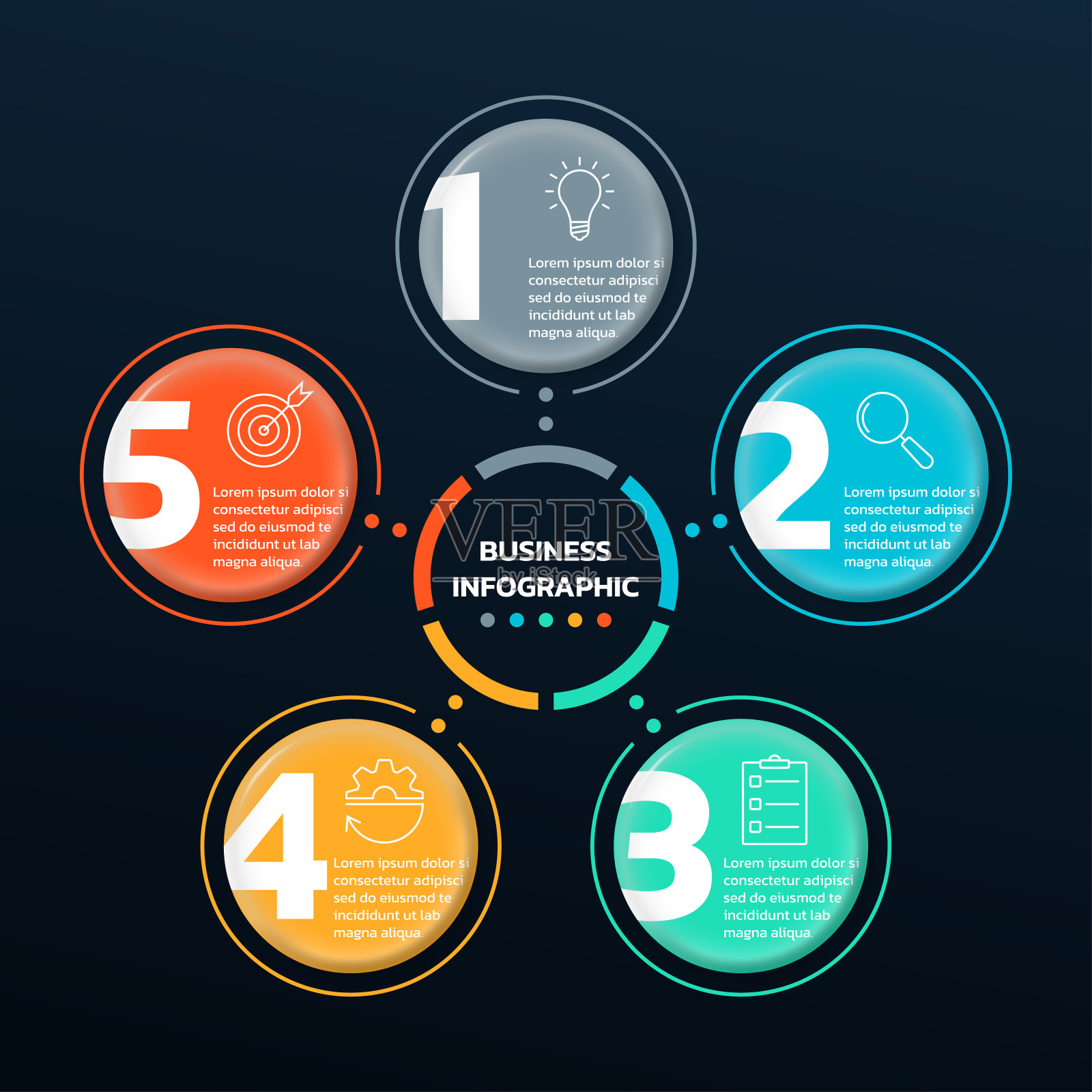 有5个数字圈的5步图。圆形图表,图形信息图形模板。业务流程,呈现版面设计理念。矢量插图。插画图片素材