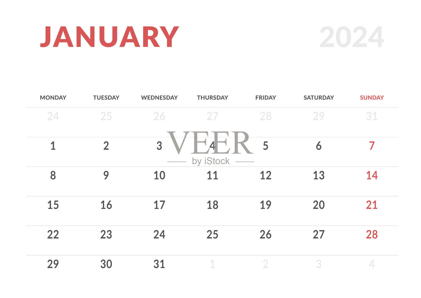 每月页面日历规划模板一月2024。矢量布局的简单日历与周开始星期一打印。页码为A4或21x29.7公分插画图片素材