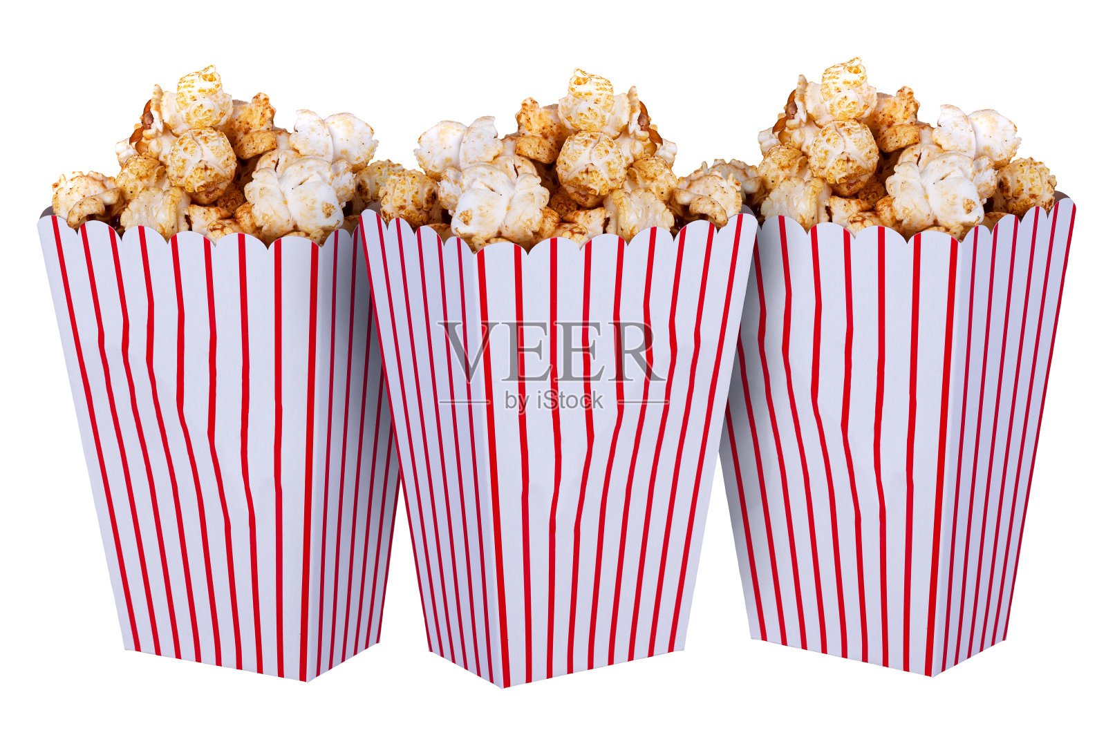 三盒爆米花被隔离在白色上照片摄影图片