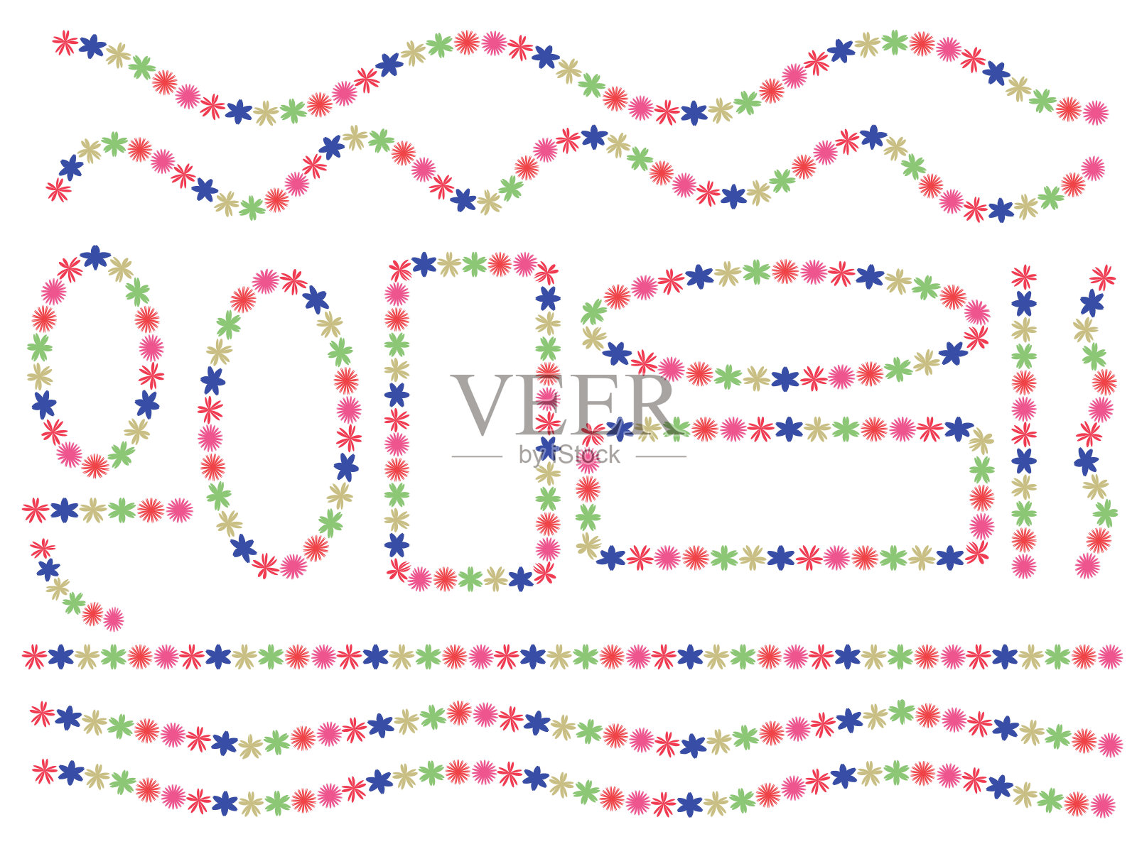 线条波浪图案设计元素。色彩饱满的花型设计。圆形,长方形,椭圆形。还有线条、波浪的设计元素。插画图片素材