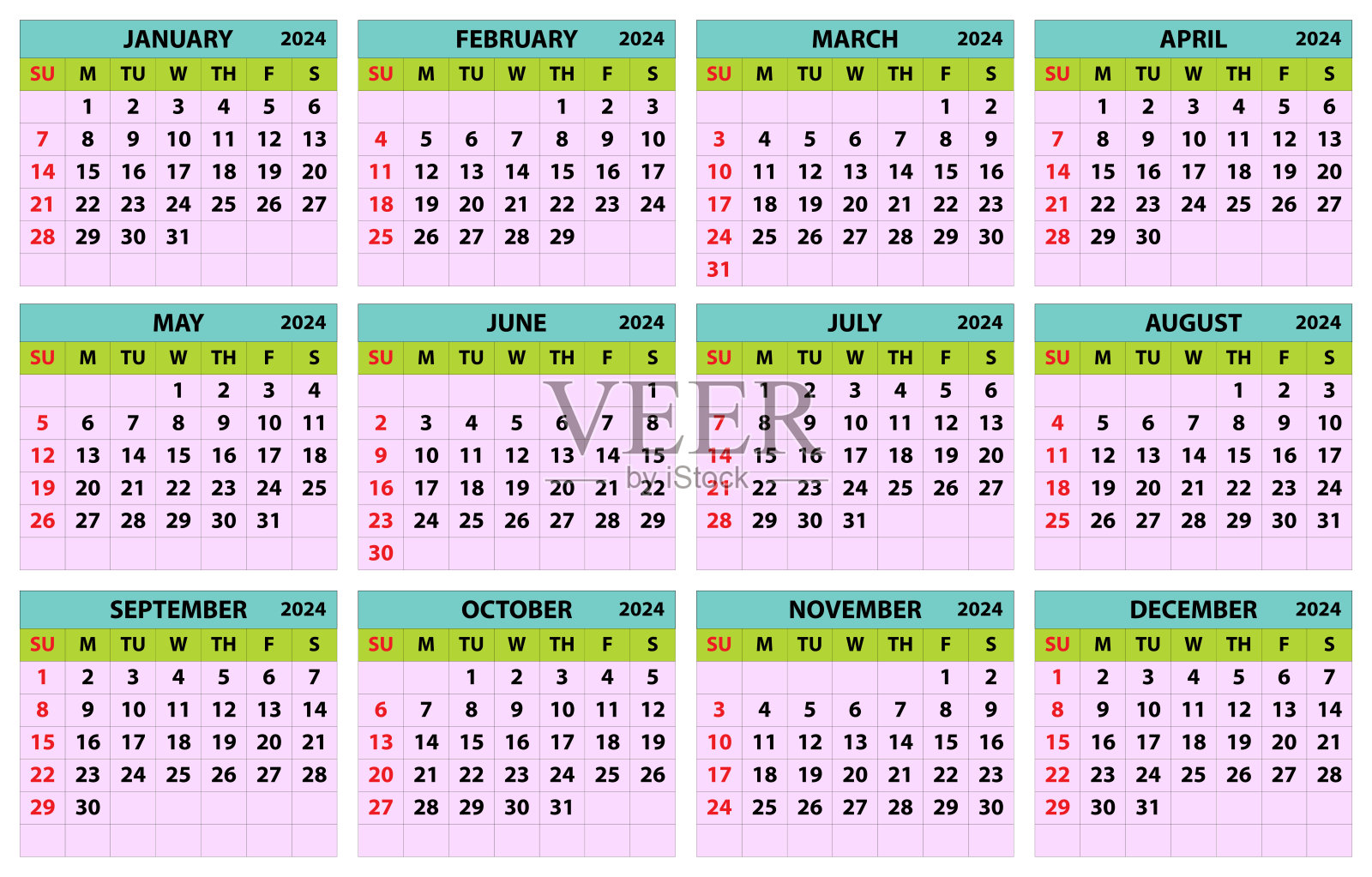 2024年日历设置。颜色矢量口袋砑光机设计。这一周从周日开始。一月、二月、三月、四月、五月、六月、七月、八月、九月、十月、十一月、十二月插画图片素材