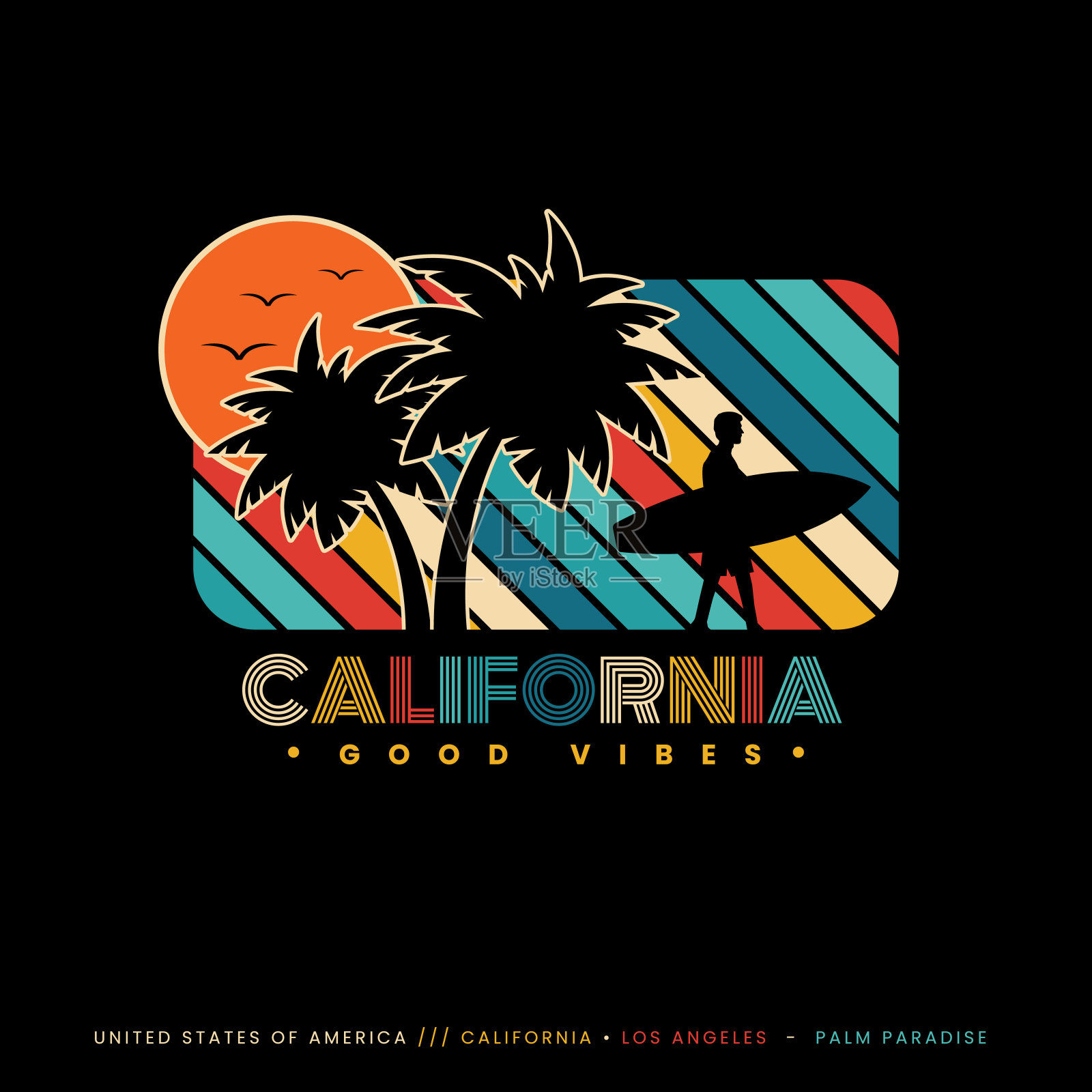良好的氛围只有加州夏季标志徽章,太阳波,和冲浪板。对黑色背景图形的t恤和其他印刷生产。矢量插图的设计。70年代的概念。插画图片素材