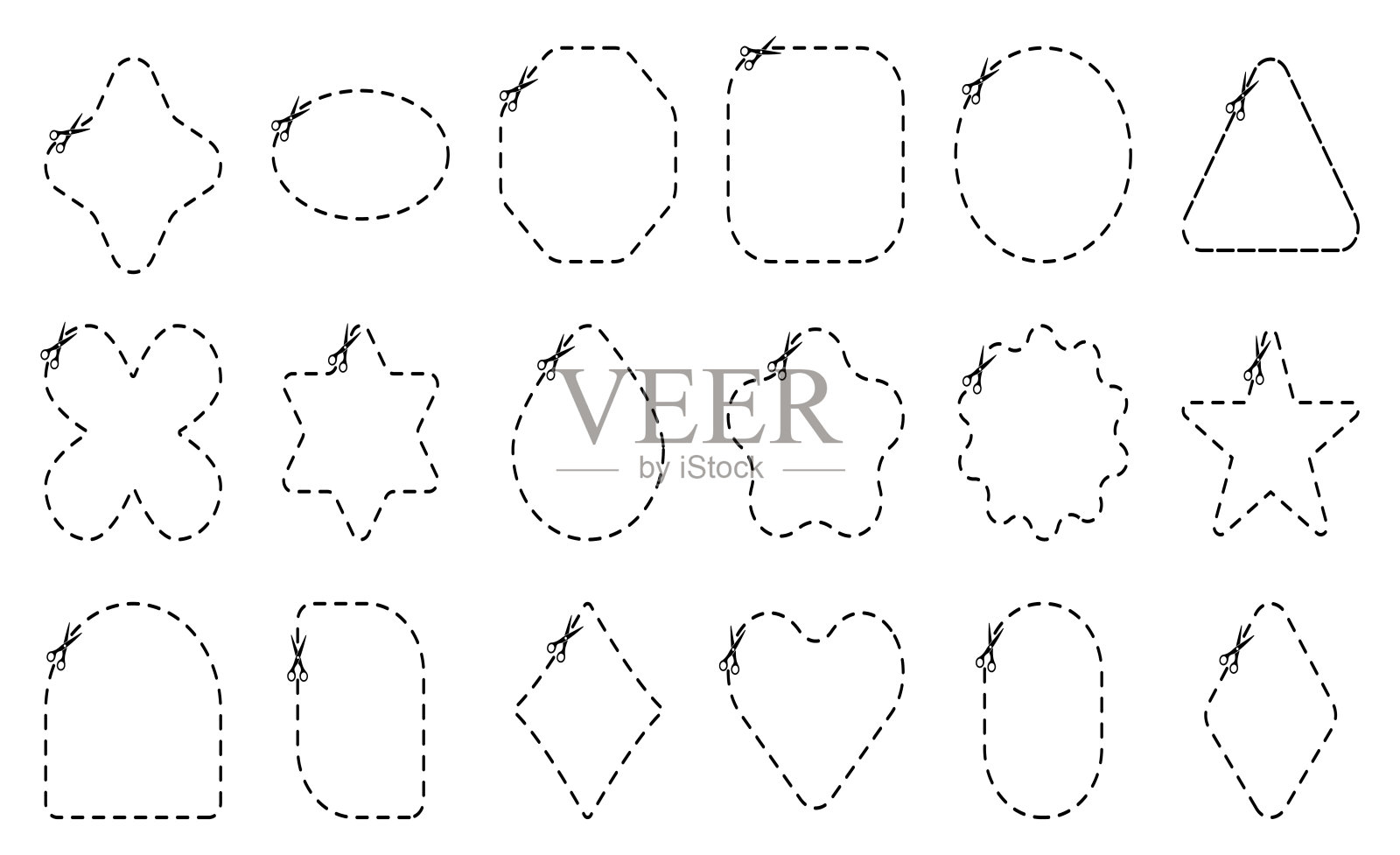 在这里设置切割形状。剪刀剪线符号矢量插图。插画图片素材