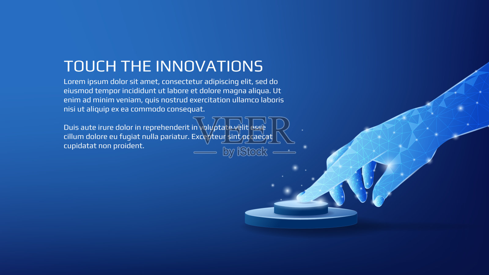 多边形闪亮的手指按下按钮,复制空间在深蓝色的背景。创新横幅或技术网页模板。向量。插画图片素材