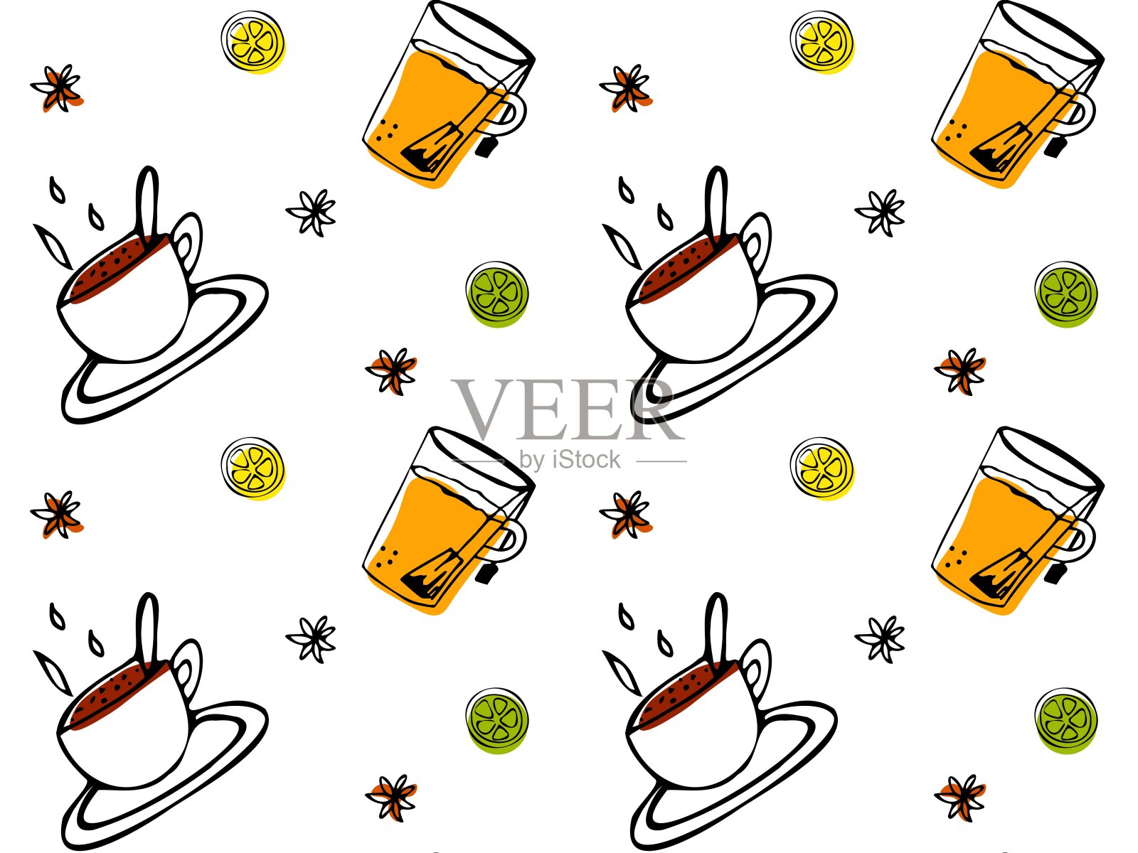 无缝黑白涂鸦图案与茶和咖啡,早餐,咖啡店,饮料插画图片素材