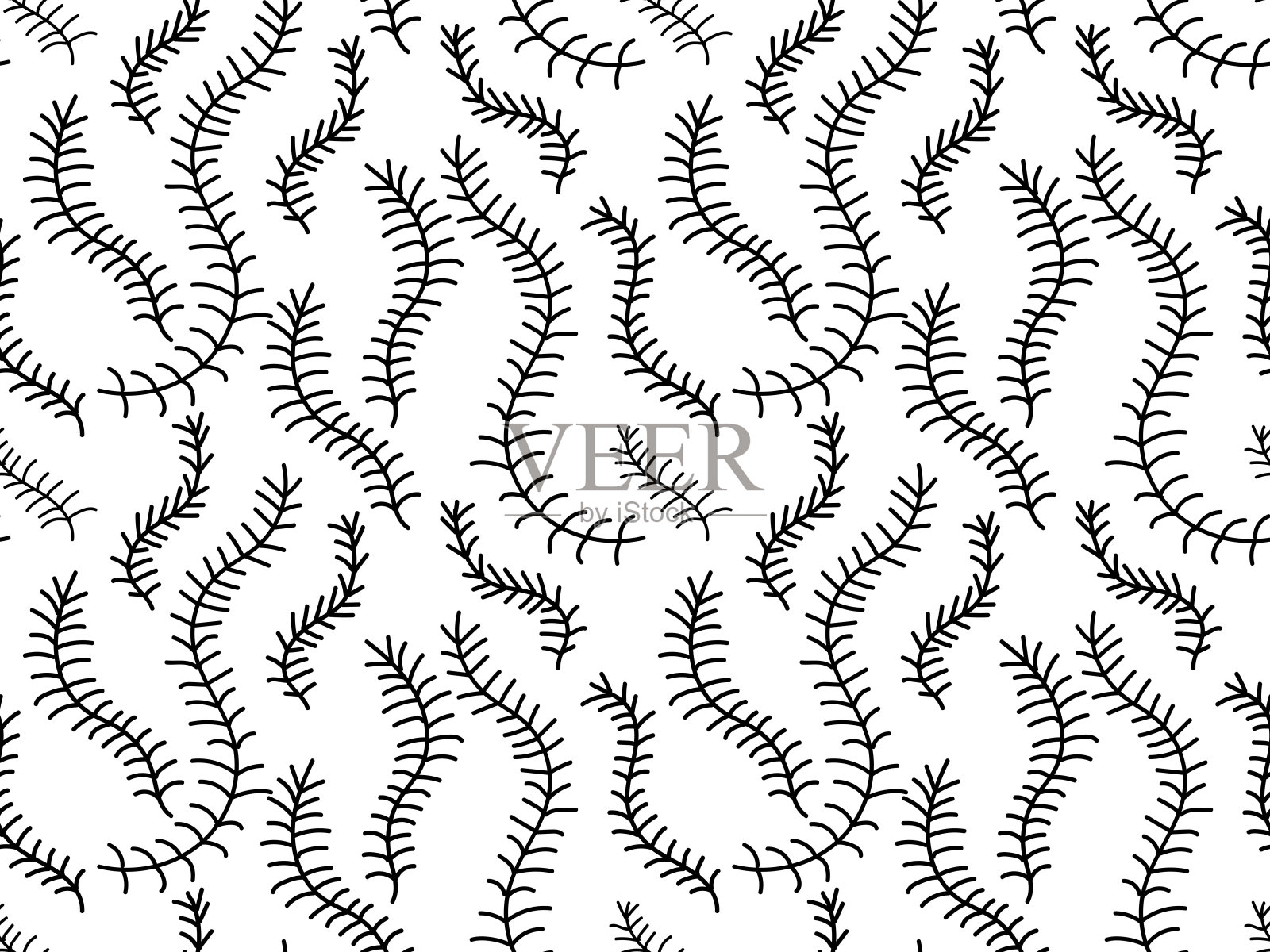 无缝黑白涂鸦图案的云杉枝或藻类插画图片素材