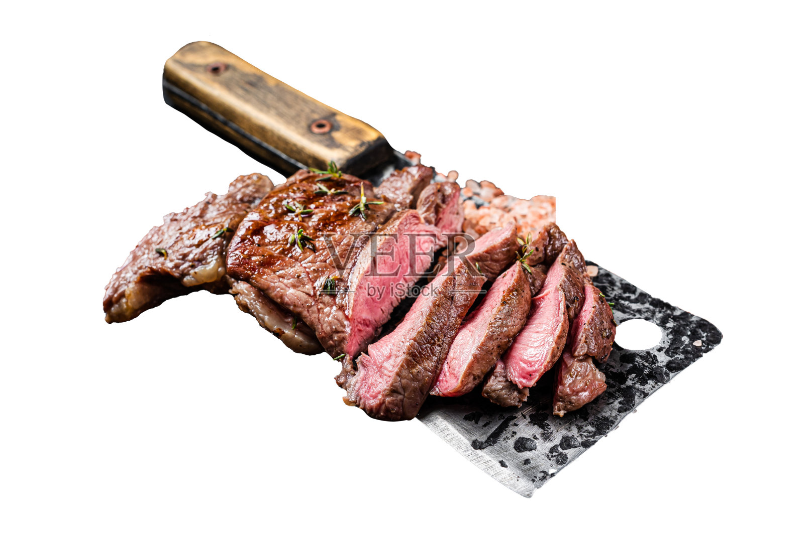 切片烤羊柳牛排,羊腿肉。孤立,白色背景。照片摄影图片