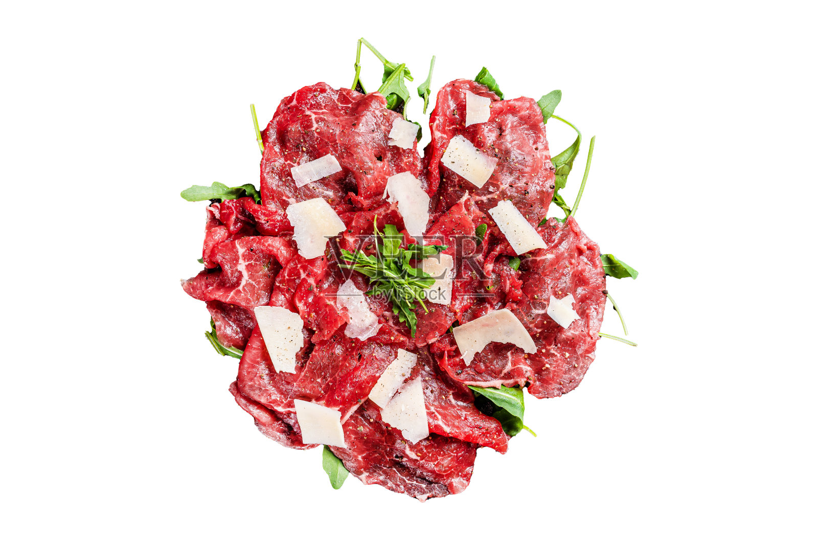 美味的小牛肉配帕尔马干酪,香料和香草。孤立,白色背景。照片摄影图片