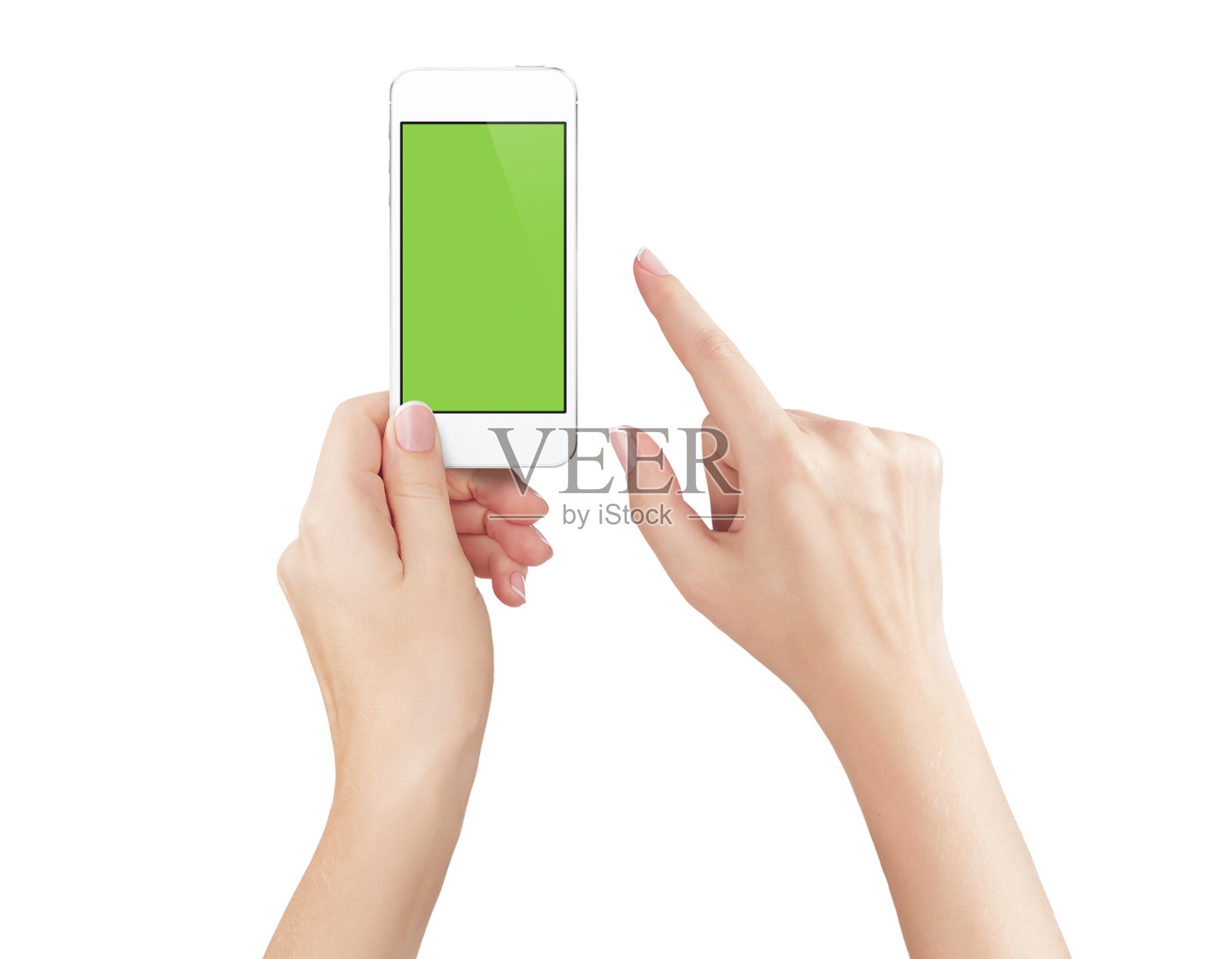 女性手持手机与空白屏幕隔离照片摄影图片