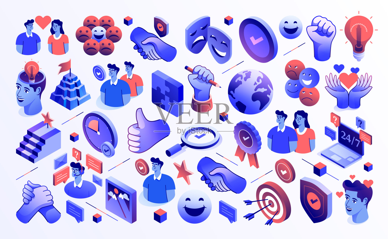 核心价值观图标集横幅设计,三维和等距绘图。诚实、忠诚、道德、握手、激情、可靠、法律、道德。插画图片素材