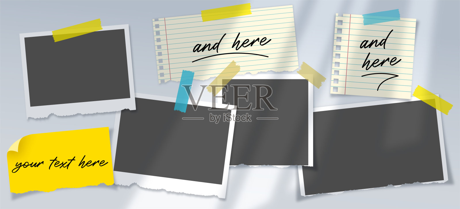 照片框架和笔记本页面布局在墙上的模板与覆盖阴影插画图片素材