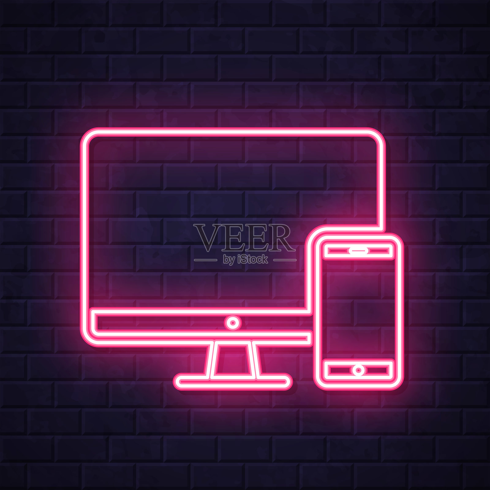 台式电脑和智能手机。在砖墙背景上发光的霓虹灯图标插画图片素材
