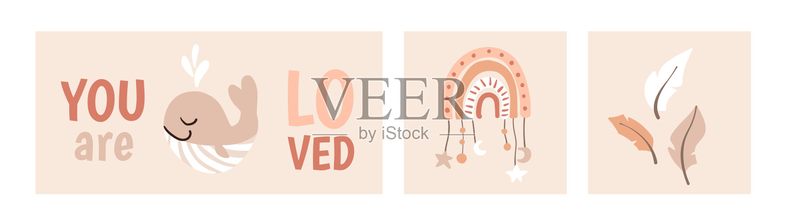 一套波西米亚婴儿卡在卡通斯堪的纳维亚风格。手绘波西米亚涂鸦儿童剪纸女孩托儿所室,印刷海报,淋浴邀请卡。可编辑的矢量插图与可爱的文字插画图片素材