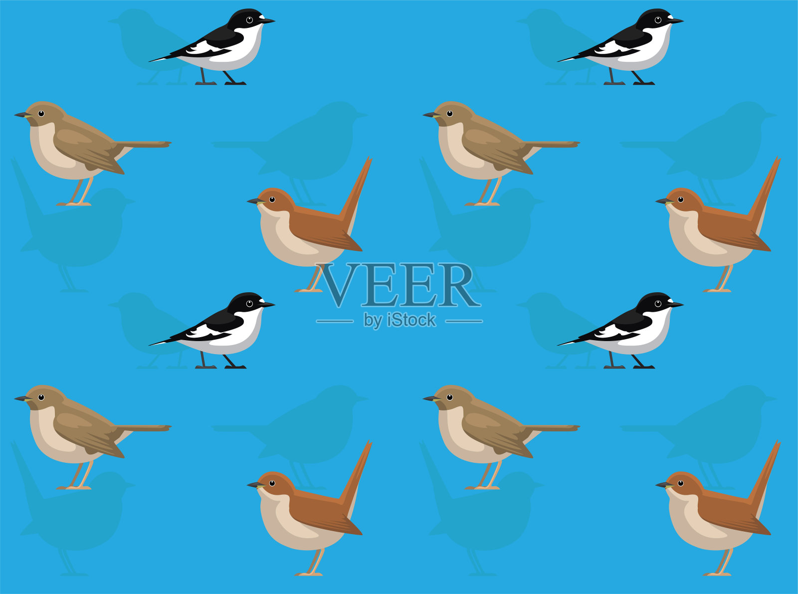 鸟夜莺画眉捕蝇卡通可爱无缝壁纸背景插画图片素材